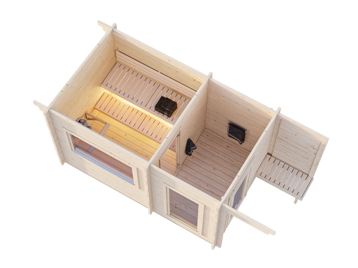 Sanna M (3,7x2,3m | 6,8m² | 44mm) Moderni pihasauna pukuhuoneella