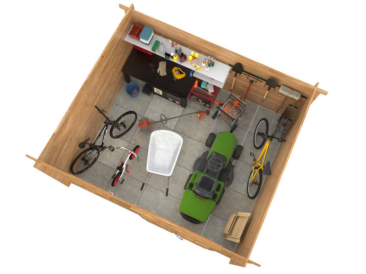 Alice L (3,8x3,4m | 11,0m² | 28mm) suuri painekyllästetty puutarhavaja kaksoisovilla