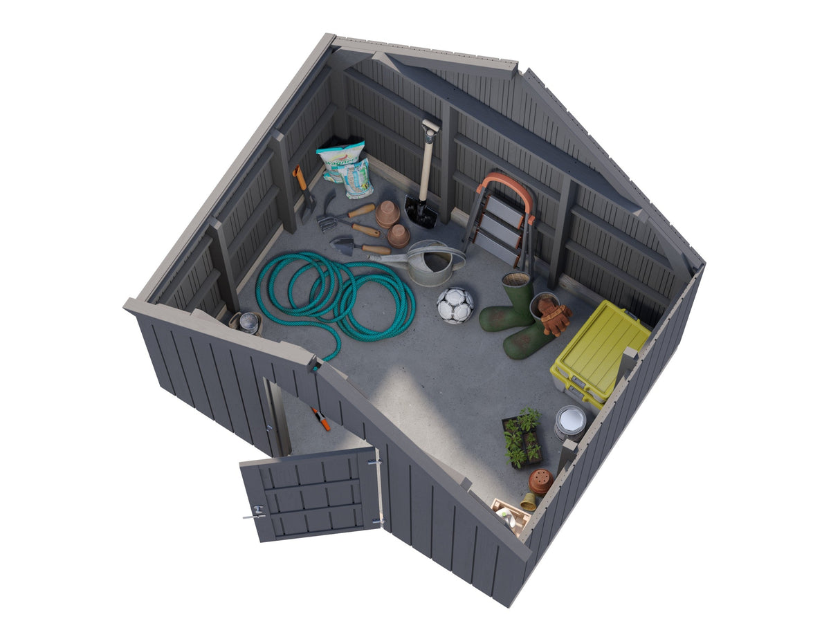 Emilia -varasto (2,4x1,9 m | 4 m² | 18 mm) Lisävarasto Emilia-kasvihuoneeseen – maalattu tummanharmaaksi