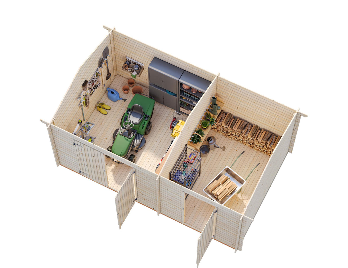 Jari L (5,2x3,2m | 14,5m² | 28mm) Kaksihuoneinen hirsivarasto