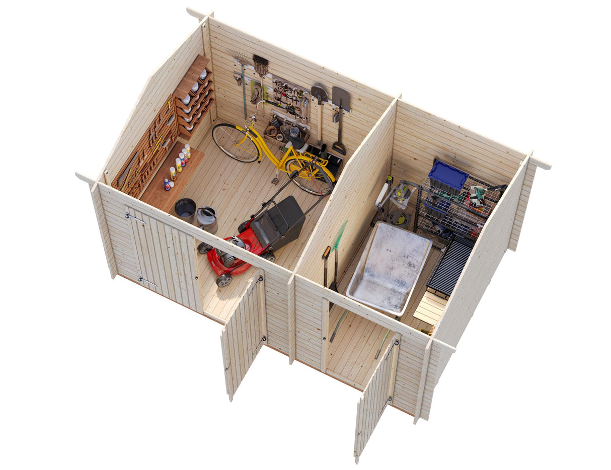 Jari M (4,1x2,6m | 8,9m² | 28mm) Perinteinen kaksihuoneinen hirsivarasto