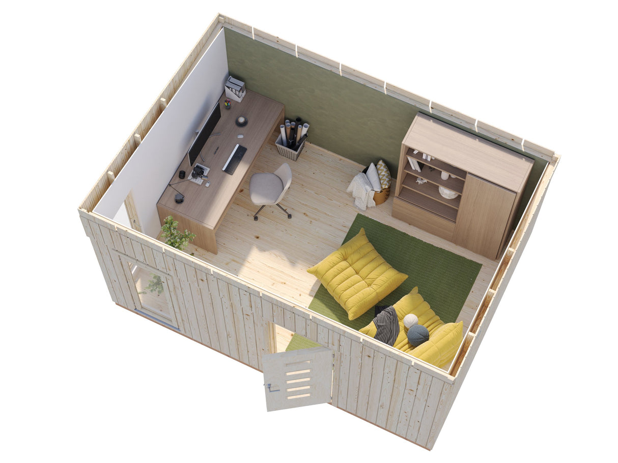 Etta (4,5x3,3m | 13,6m²) Moderni pulpettikattoinen vierasmaja-puutarhatoimisto
