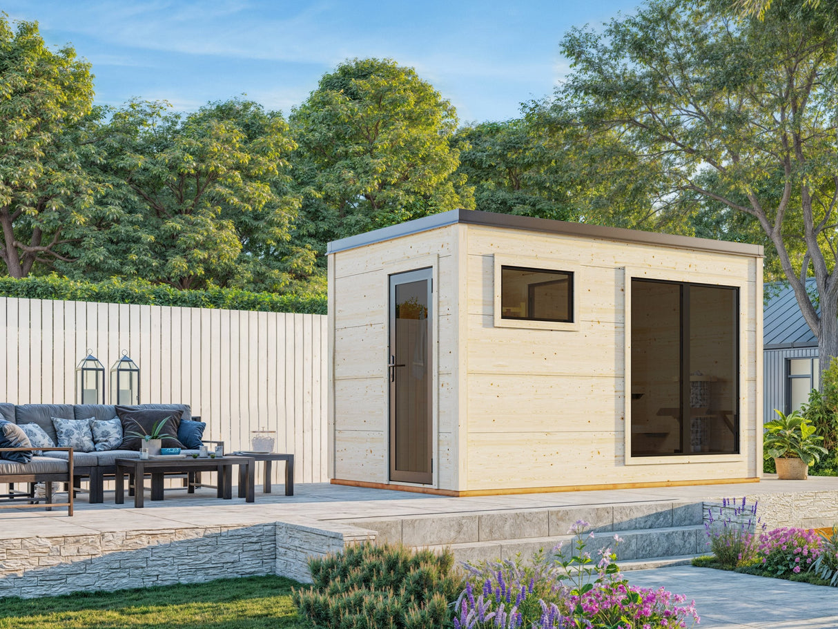 Grace Sauna M (3,9x2,3m | 8,2m² | 56mm) Liimapuusta 2-huoneinen pihasauna