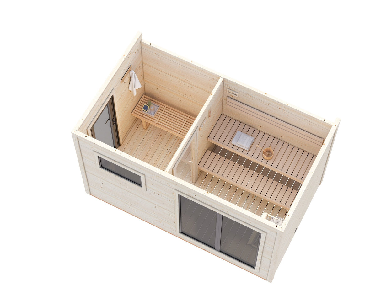 Grace Sauna M (3,9x2,3m | 8,2m² | 56mm) Liimapuusta 2-huoneinen pihasauna