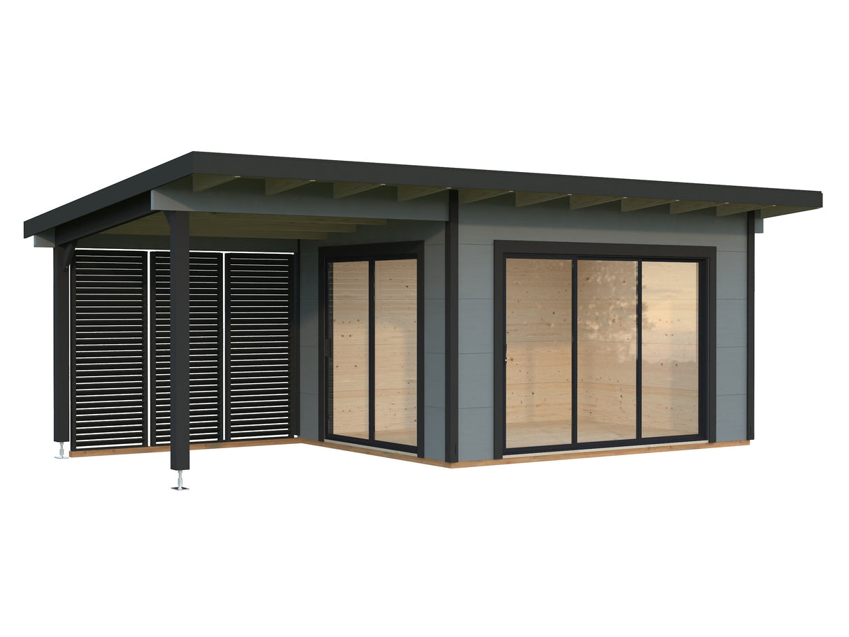 Grace (4x3m | 11,2+8,2m² | 56mm) Liimapuinen piharakennus kaksilasitetuilla liukuovilla ja katoksella