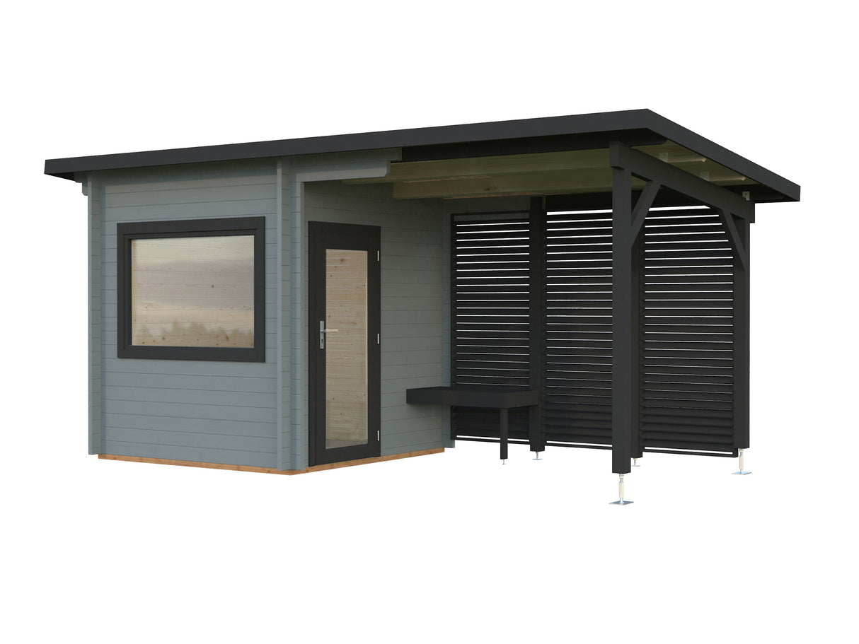 Sanna S+ (5,1x2,3m | 4,1+5,9m² | 44mm) Moderni pihasauna katoksella