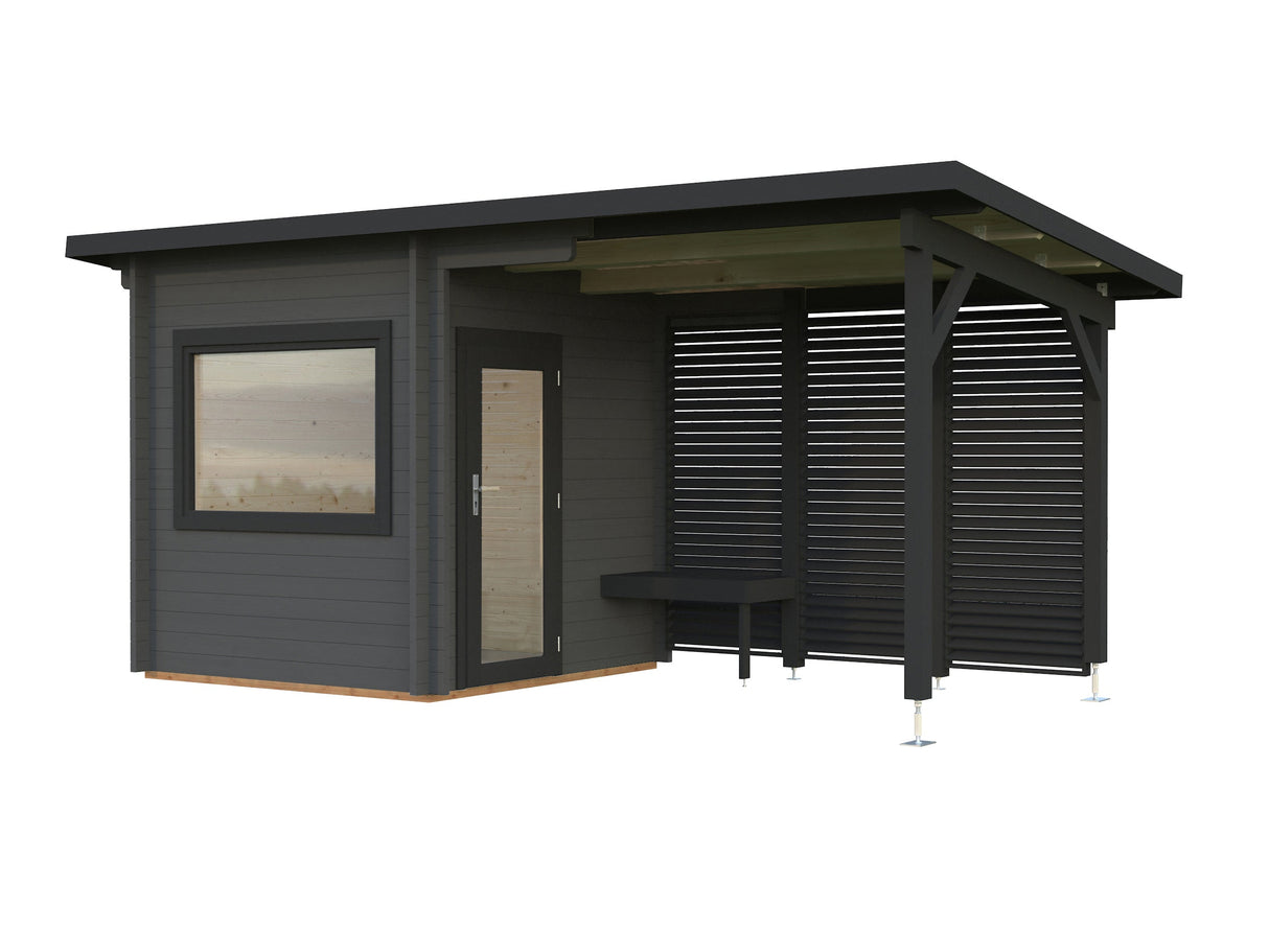 Sanna S+ (5,1x2,3m | 4,1+5,9m² | 44mm) Moderni pihasauna katoksella