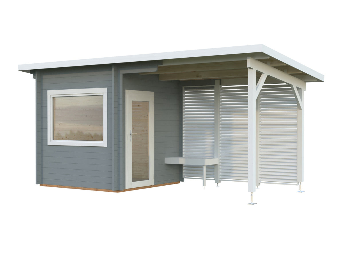Sanna S+ (5,1x2,3m | 4,1+5,9m² | 44mm) Moderni pihasauna katoksella