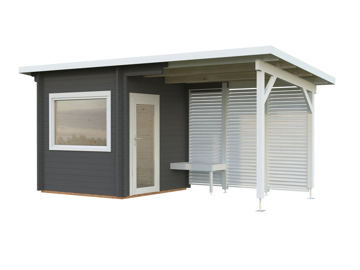 Sanna S+ (5,1x2,3m | 4,1+5,9m² | 44mm) Moderni pihasauna katoksella