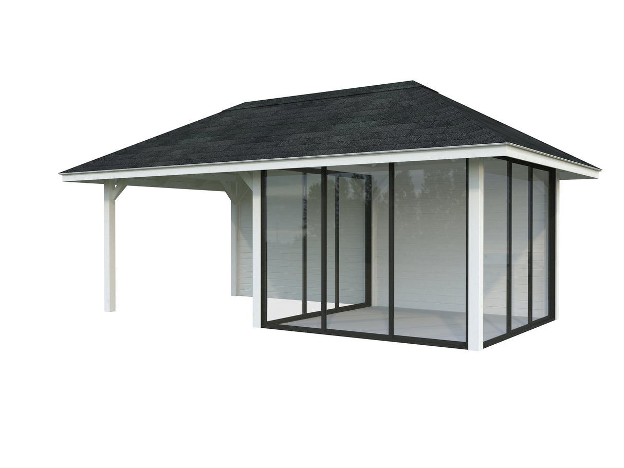 Bianca 206/506 (6x3m | 16,6m²) piharakennus kolmella liukulasiovella ja katoksella (saatavana tuplalasilla)