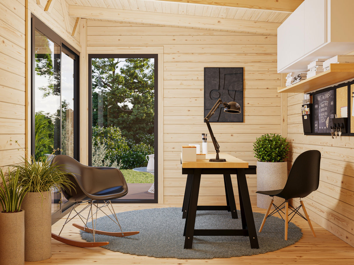 Andrea XS (3x2,7m | 7,5m2 | 44mm) Pieni moderni nurkkamökki puutarhaan, kaksoislasituksella