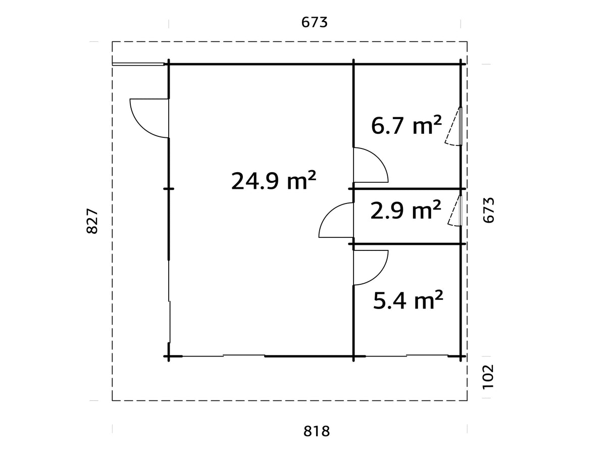 Cecilia XXXL (6,7x6,7 m | 39,9 m² | 70 mm) Moderni 2-makuuhuoneen pihamökki hirsirakenteella