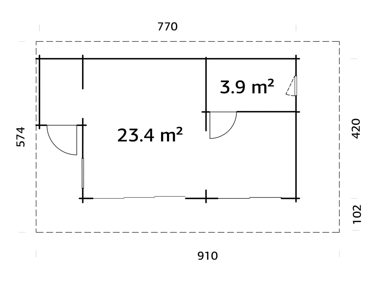 Cecilia L2 (7,9x4,4 m | 27,3 m² | 70 mm) Moderni hirsinen pihamökki alumiiniovilla ja -ikkunoilla