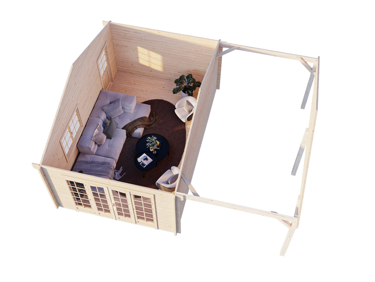 Irene M+ (6,7x5,7m | 19,0+16,2m² | 44mm) Huvimaja sivukatoksella tai autokatoksella