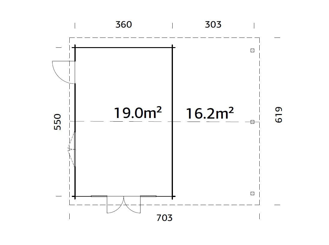 Irene M+ (6,7x5,7m | 19,0+16,2m² | 44mm) Huvimaja sivukatoksella tai autokatoksella