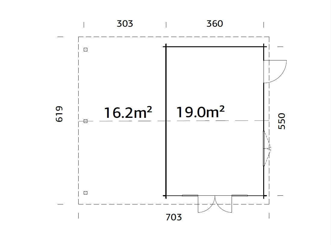Irene M+ (6,7x5,7m | 19,0+16,2m² | 44mm) Huvimaja sivukatoksella tai autokatoksella