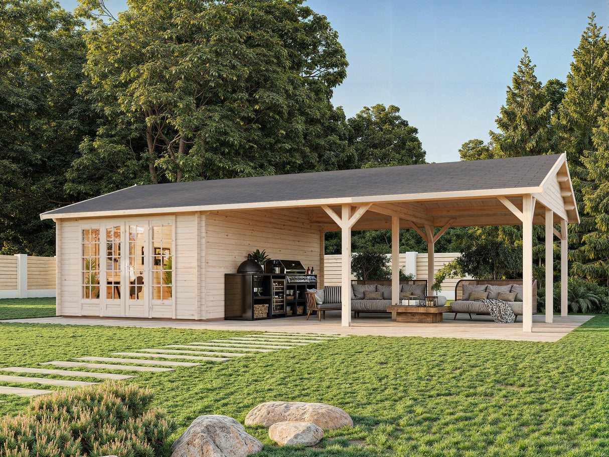 Irene M++ (9,8x5,7m | 19,0+33,2m² | 44mm) Huvimaja isolla sivukatoksella tai kahden auton katoksella