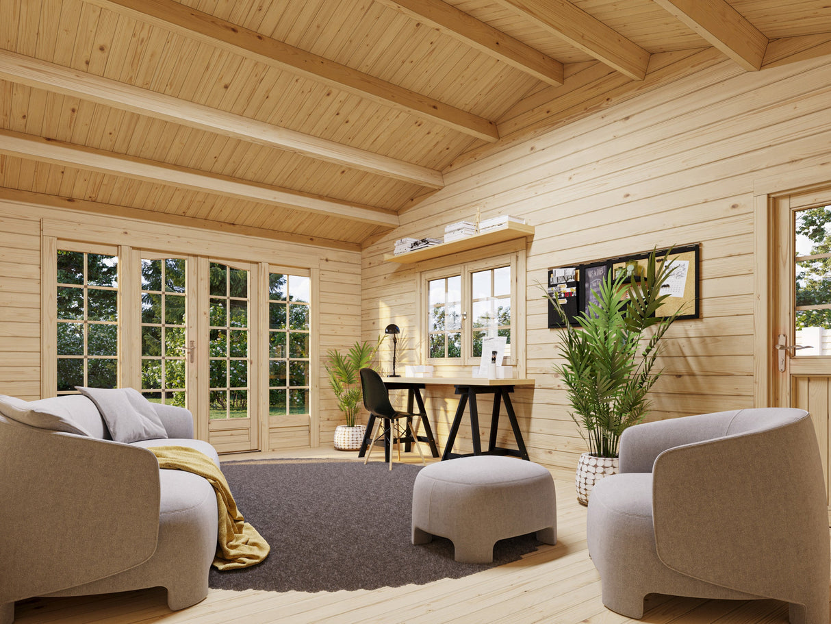 Irene M++ (9,8x5,7m | 19,0+33,2m² | 44mm) Huvimaja isolla sivukatoksella tai kahden auton katoksella