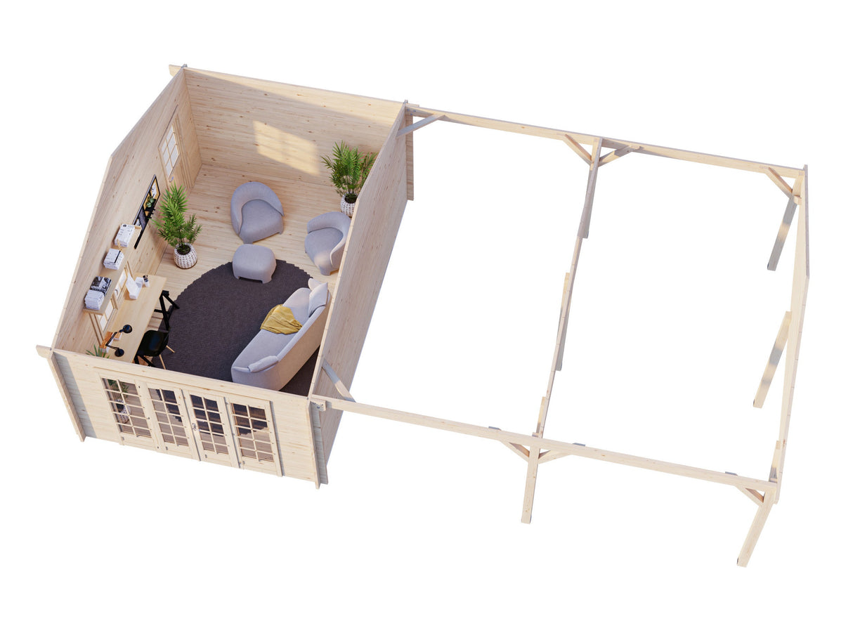 Irene M++ (9,8x5,7m | 19,0+33,2m² | 44mm) Huvimaja isolla sivukatoksella tai kahden auton katoksella