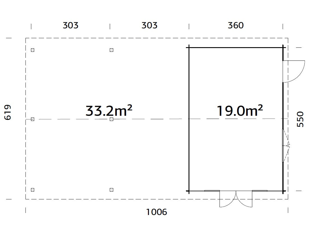 Irene M++ (9,8x5,7m | 19,0+33,2m² | 44mm) Huvimaja isolla sivukatoksella tai kahden auton katoksella