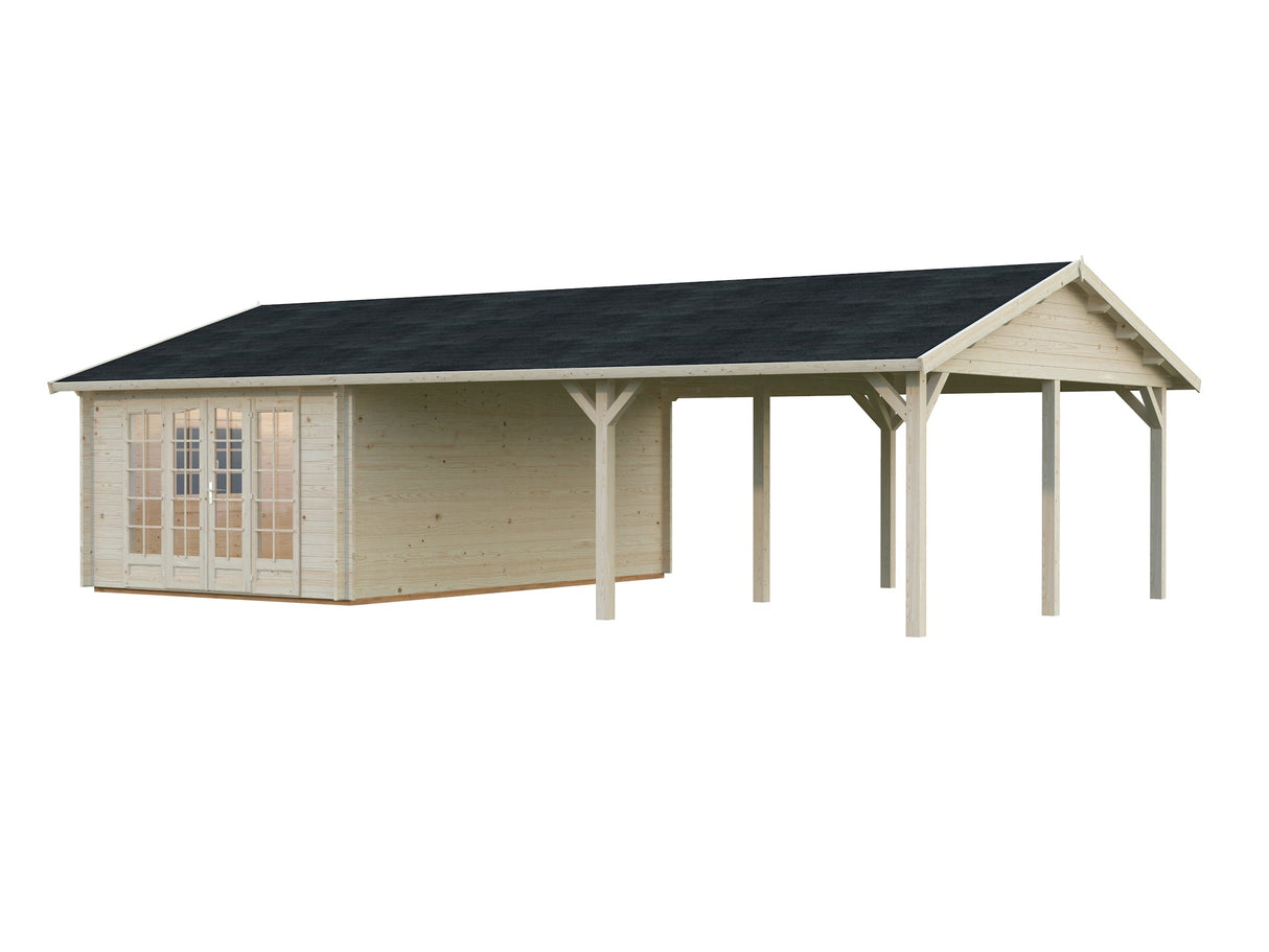 Irene M++ (9,8x5,7m | 19,0+33,2m² | 44mm) Huvimaja isolla sivukatoksella tai kahden auton katoksella