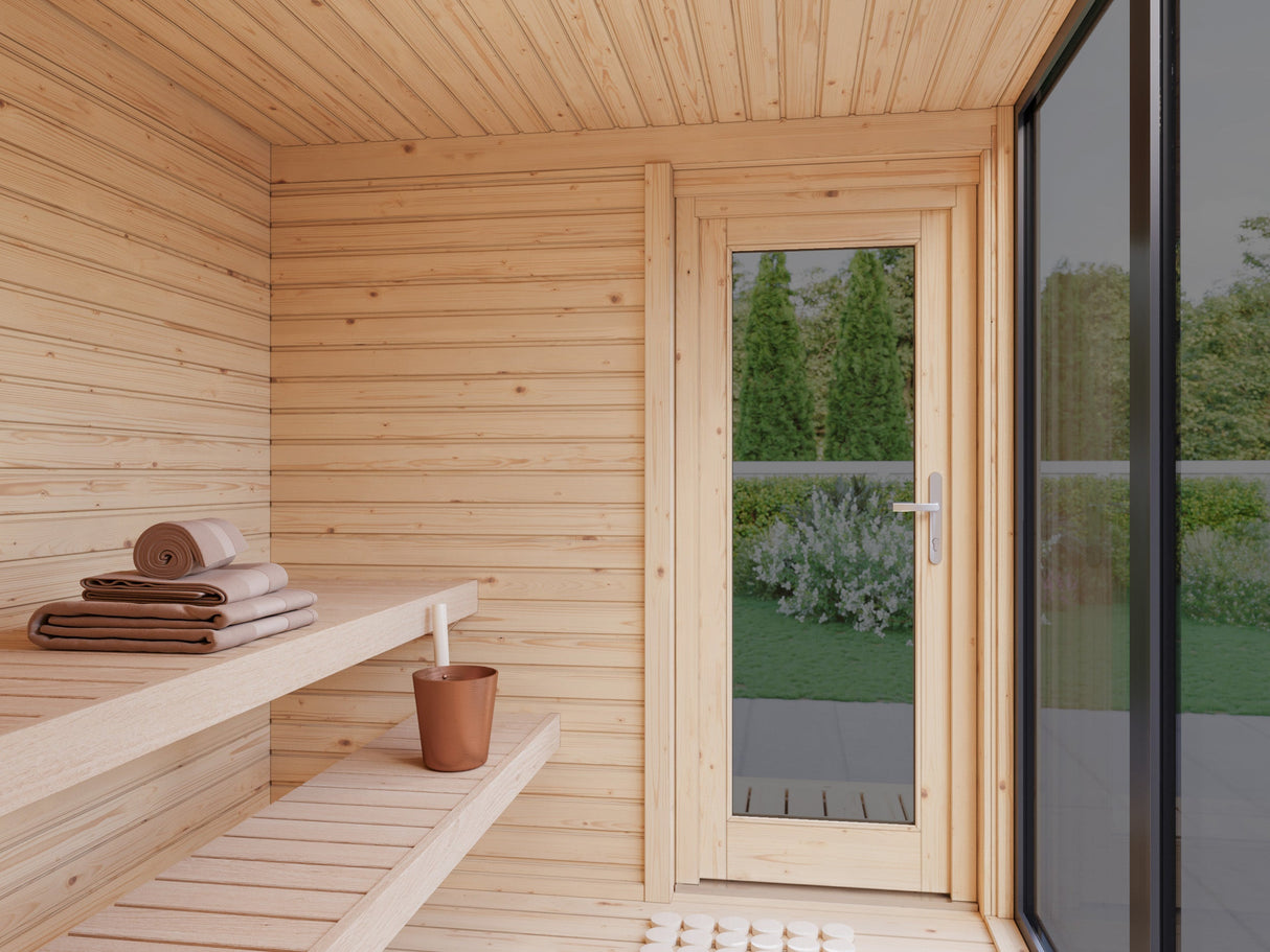 Sarah Sauna (3,2x2,2m | 3,8m² | 16mm) Moderni ja kompakti sauna sävytetyllä lasilla