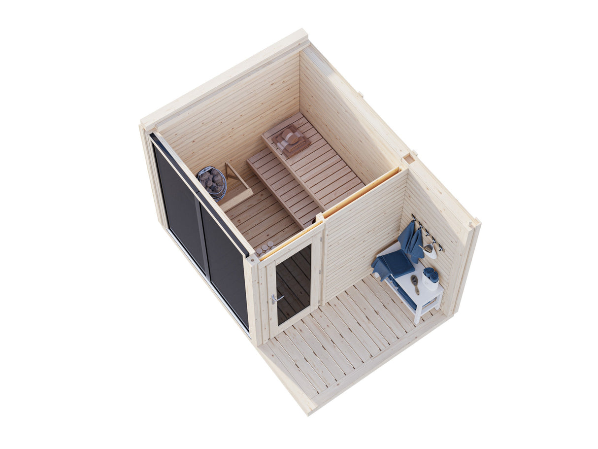 Sarah Sauna (3,2x2,2m | 3,8m² | 16mm) Moderni ja kompakti sauna sävytetyllä lasilla