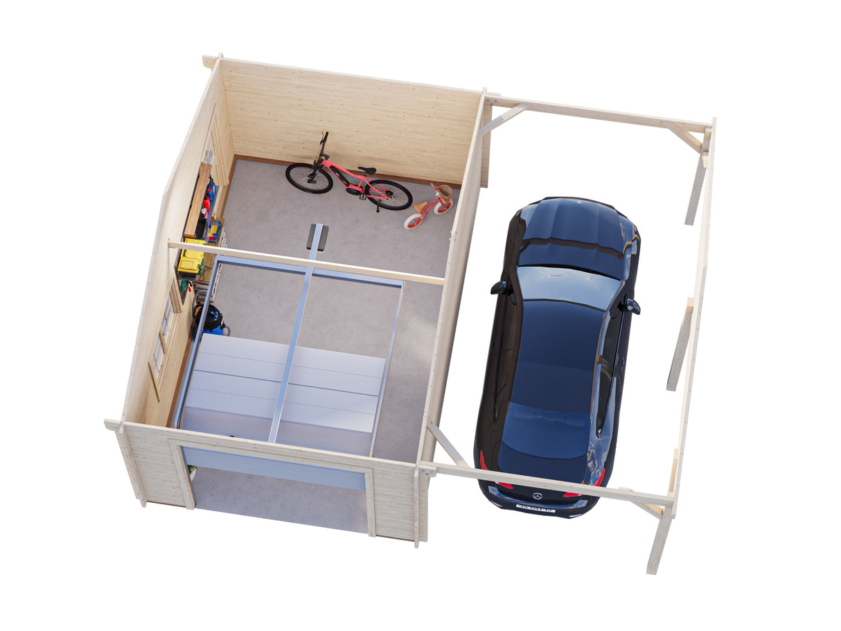 Roger (6,7x5,7m | 19+16,2m² | 44mm) Autotalli nosto-ovella