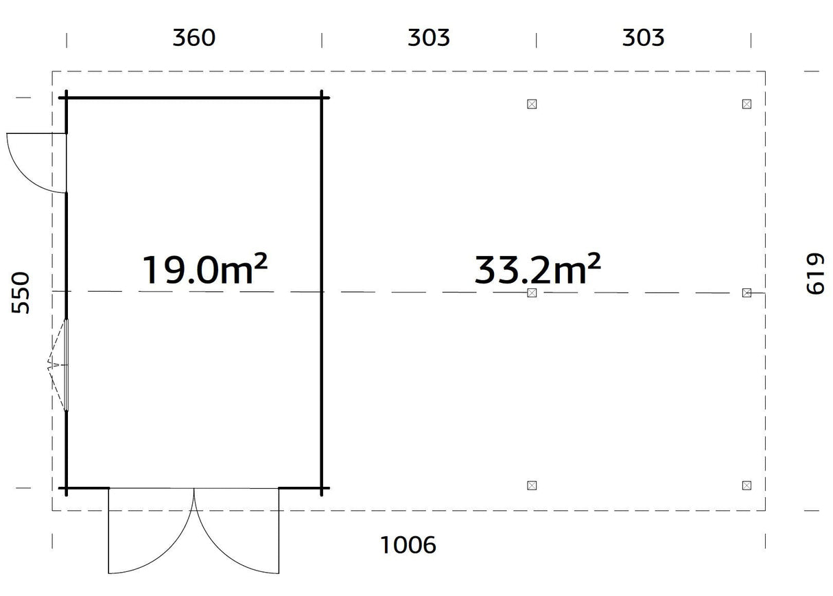 Roger (9,8x5,7m | 19m²+33,2m² | 44mm) Autotalli puuovella