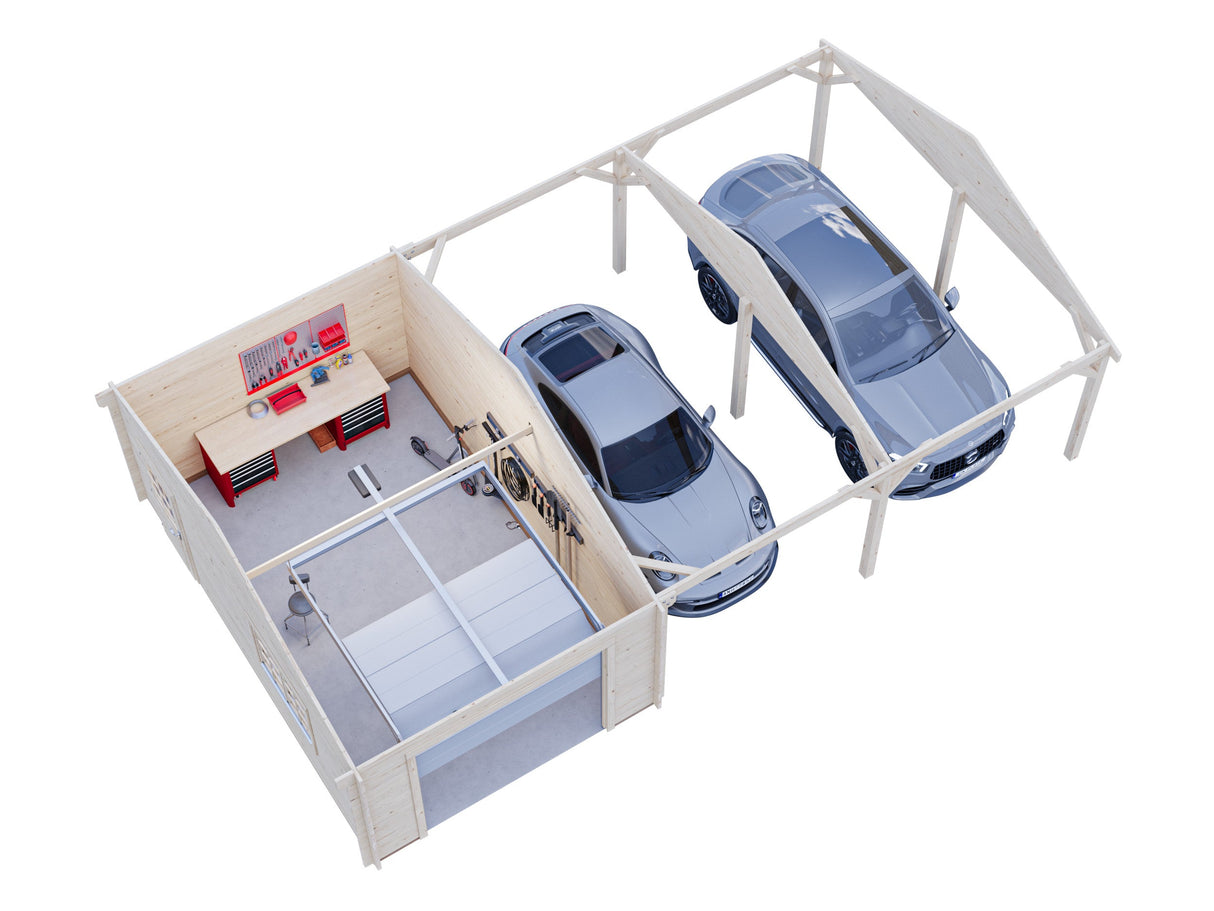 Roger (9,8x5,7m | 19m²+33,2m² | 44mm) Autotalli ja kaksoisautokatos