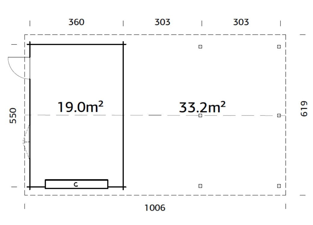 Roger (9,8x5,7m | 19m²+33,2m² | 44mm) Autotalli ja kaksoisautokatos