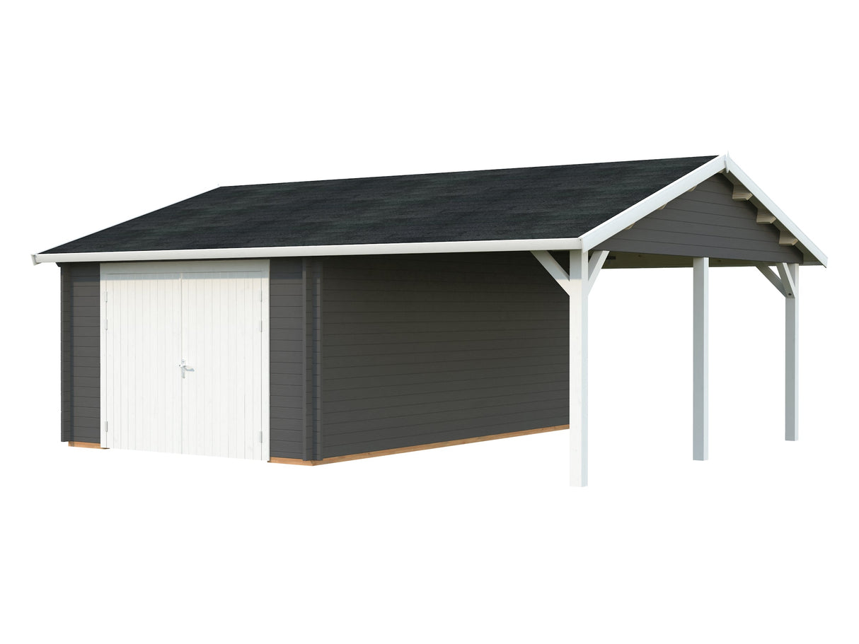 Roger (6,7x5,7m | 19+16,2m² | 44mm) Autotalli puuovella