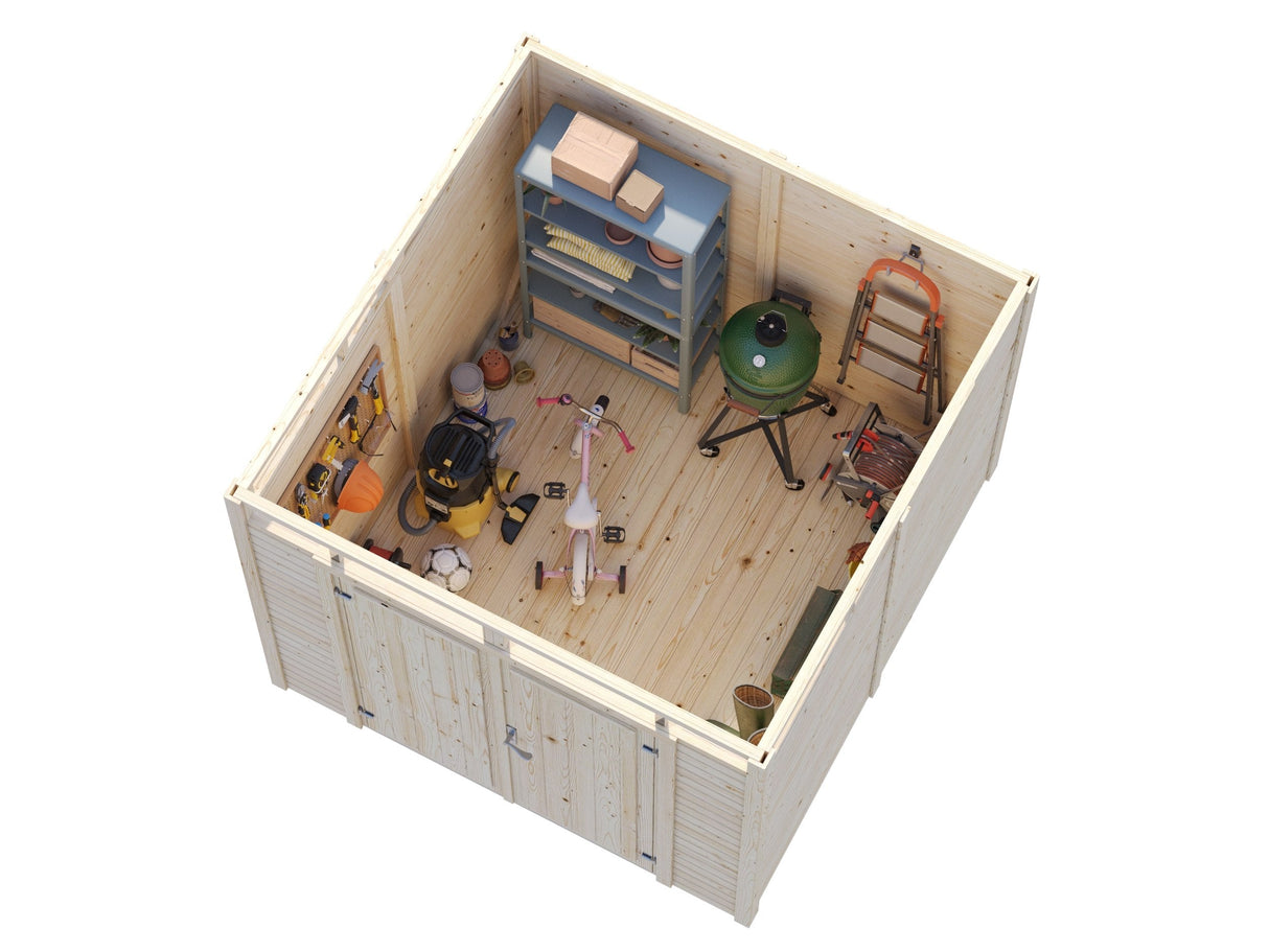 Elias S (2,2x2,3 m | 4,9 m² | 16 mm) Kompakti puinen varastovaja yläikkunoilla