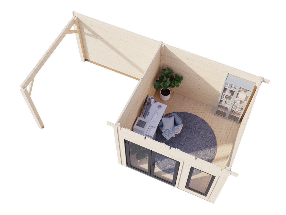 Aurelia XS+ (6x3 m | 8,4 + 7,9 m² | 44 mm) Moderni pihahuone katoksella