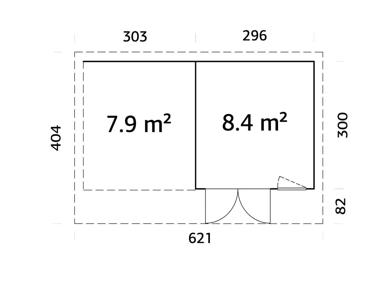 Aurelia XS+ (6x3 m | 8,4 + 7,9 m² | 44 mm) Moderni pihahuone katoksella