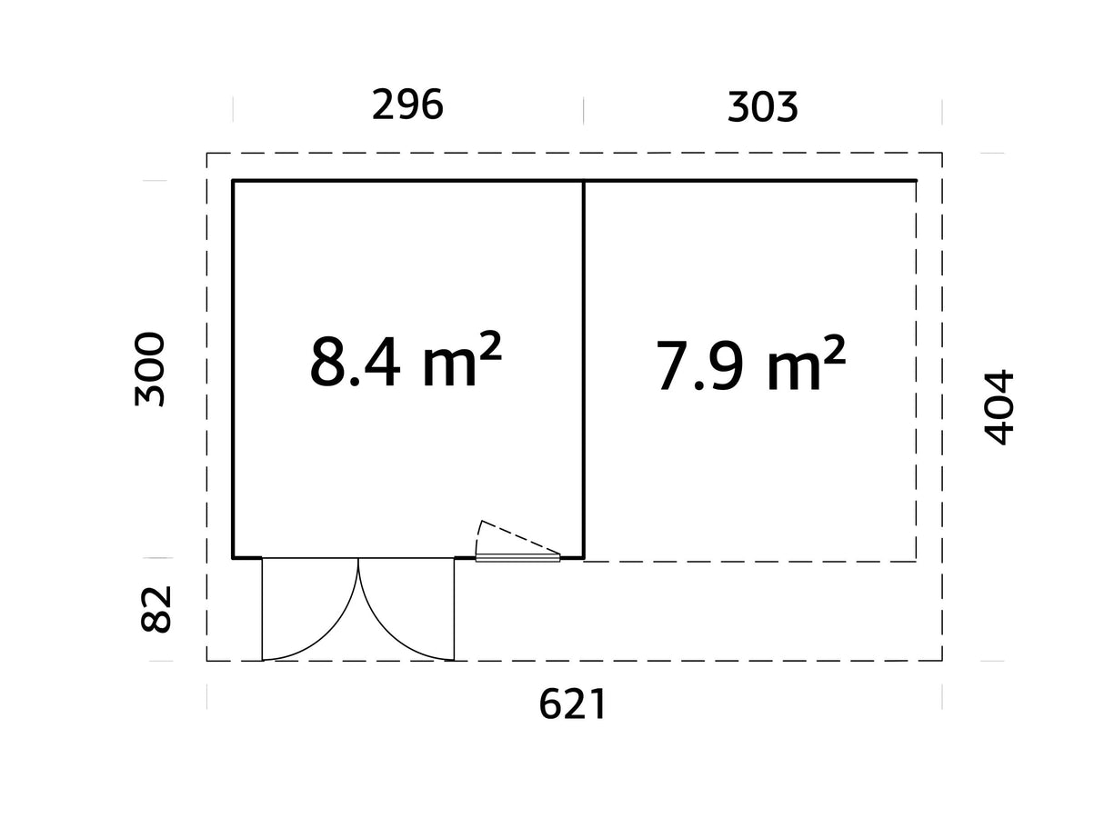 Aurelia XS+ (6x3 m | 8,4 + 7,9 m² | 44 mm) Moderni pihahuone katoksella