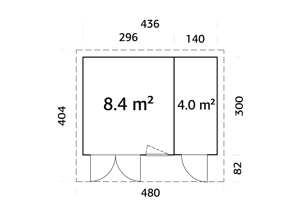 Aurelia S (4,4x3 m | 12,4 m² | 44 mm) Kompakti pihahuone sivuvajalla