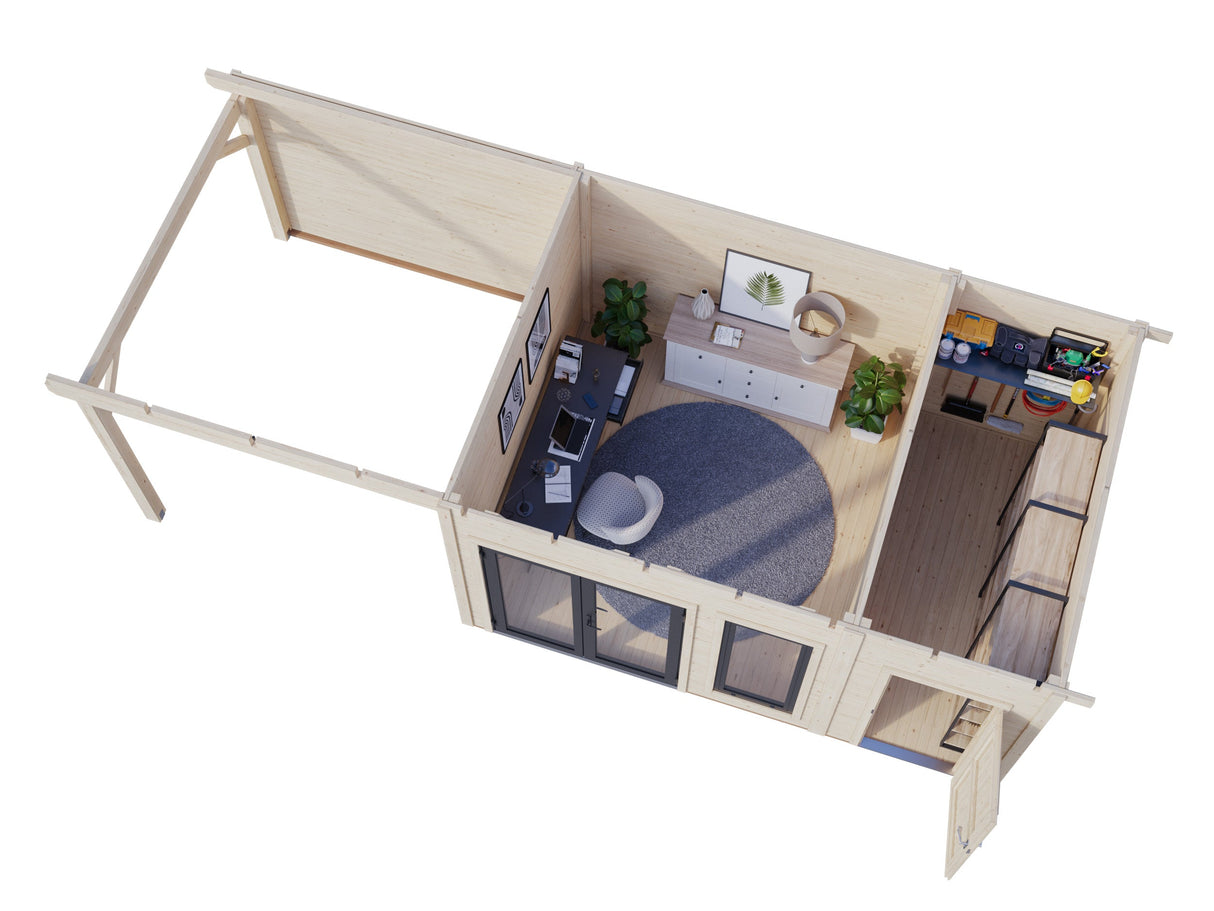 Aurelia S+ (7,4x3 m | 12,4 + 7,9 m² | 44 mm) Pulpettikattoinen hirsimökki katoksella ja sivuvajalla