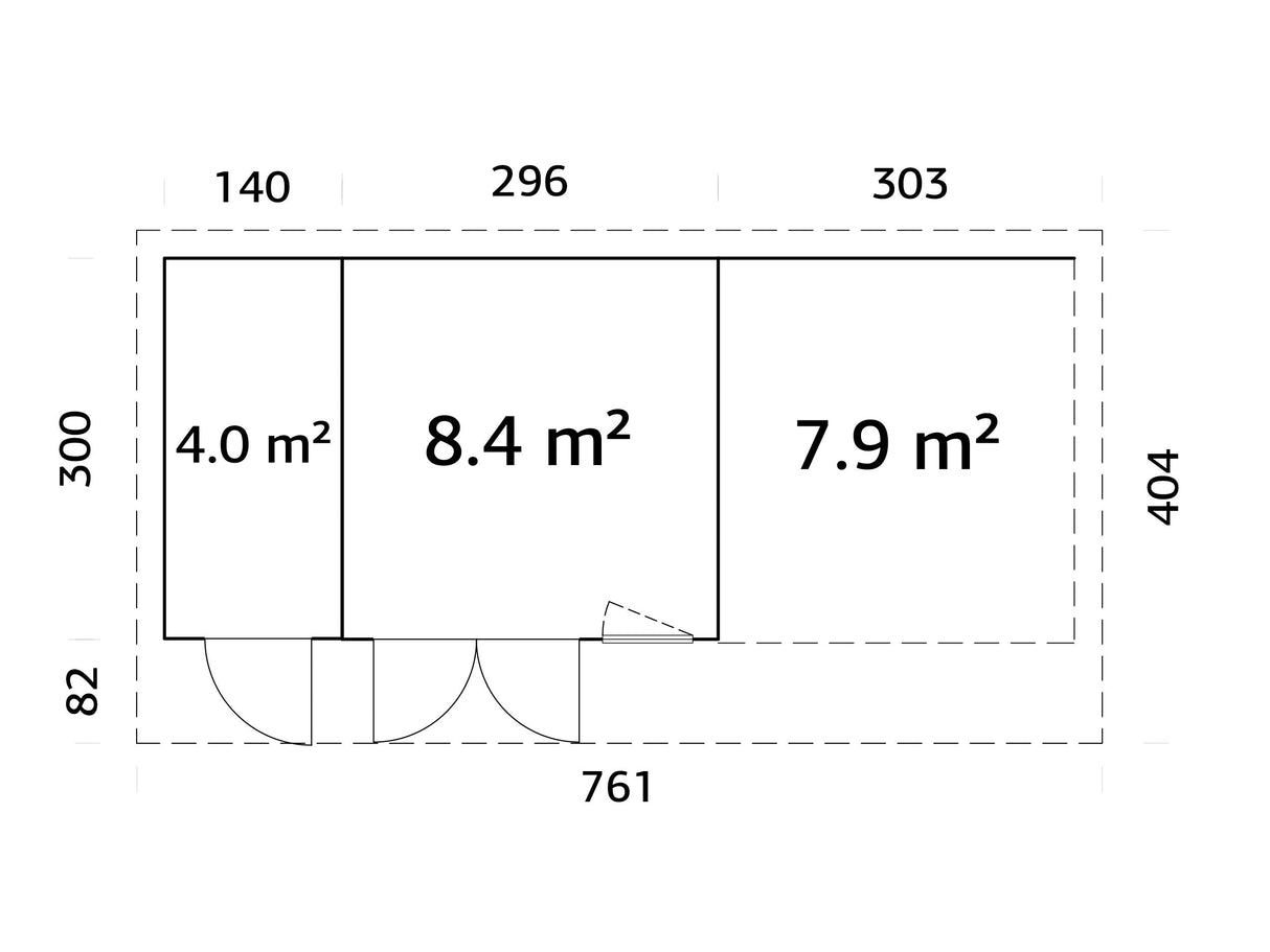Aurelia S+ (7,4x3 m | 12,4 + 7,9 m² | 44 mm) Pulpettikattoinen hirsimökki katoksella ja sivuvajalla