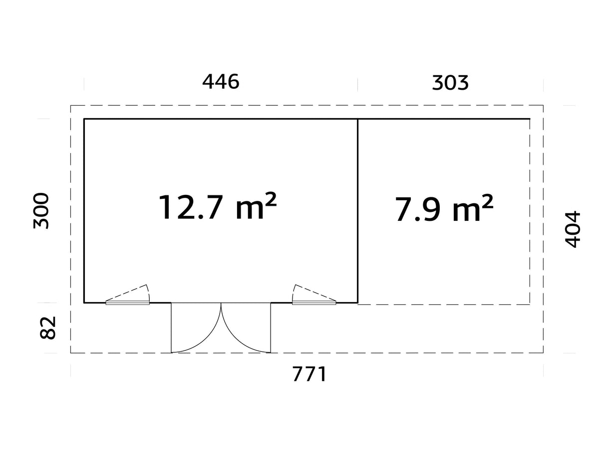 Aurelia M+ (7,5x3 m | 12,7 + 7,9 m² | 44 mm) Moderni pulpettikattoinen pihahuone katoksella