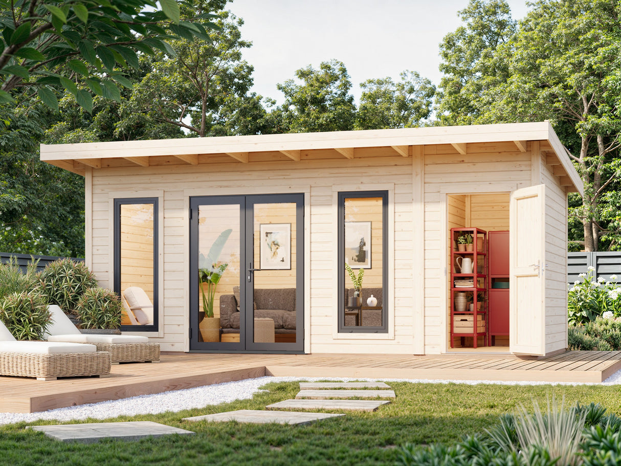 Aurelia XL (5,9x3 m | 16,7 m² | 44 mm) Moderni pihahuone työkaluvajalla