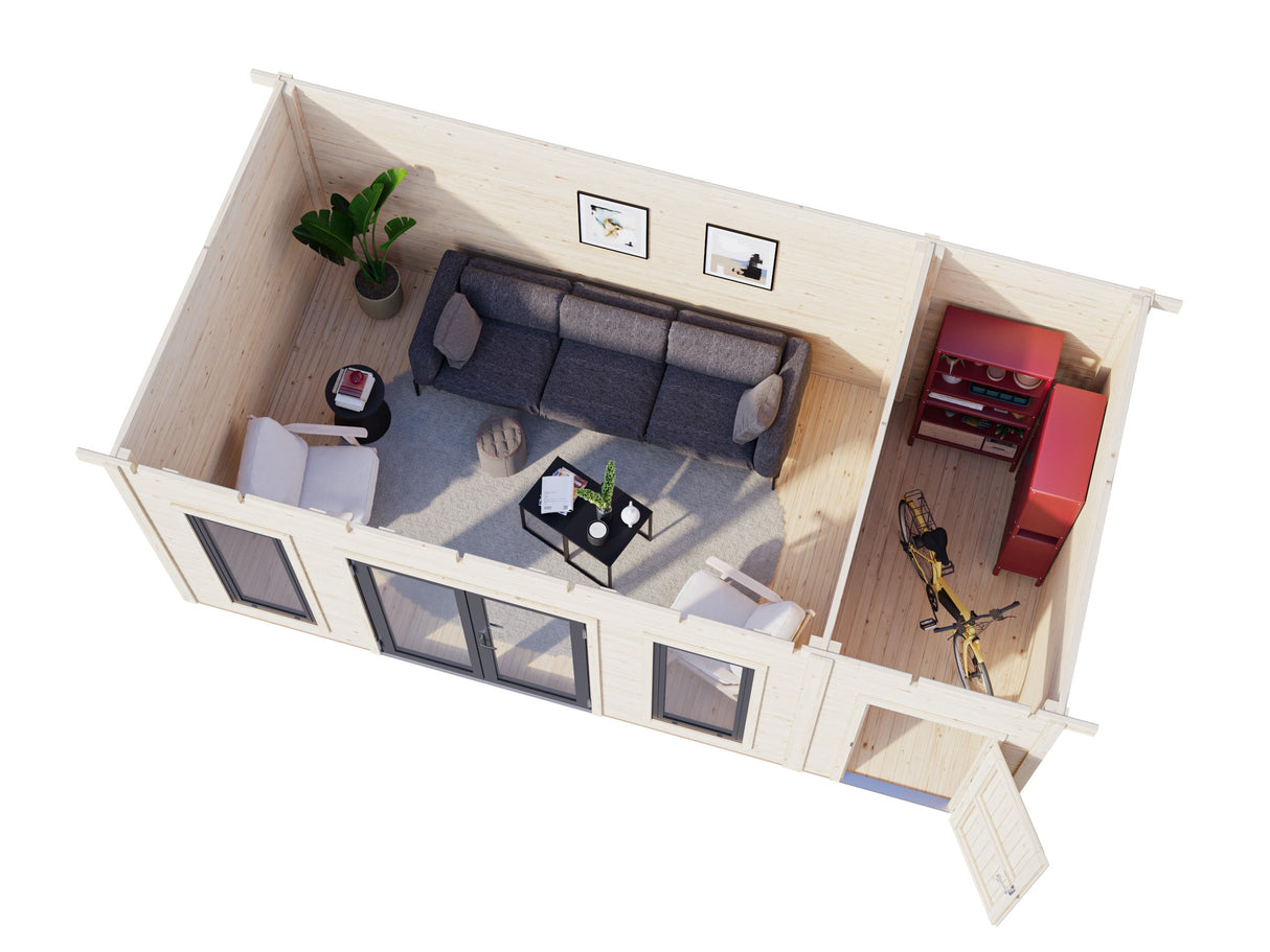 Aurelia XL (5,9x3 m | 16,7 m² | 44 mm) Moderni pihahuone työkaluvajalla