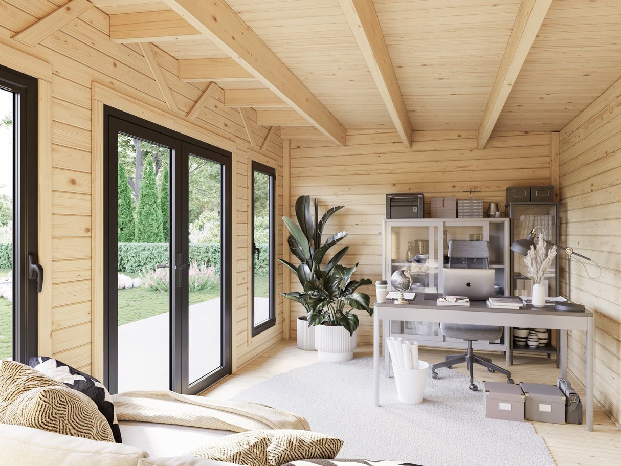 Aurelia XL+ (8,9x3 m | 16,7 + 7,9 m² | 44 mm) Tasakattoinen hirsimökki katoksella ja sivuvajalla