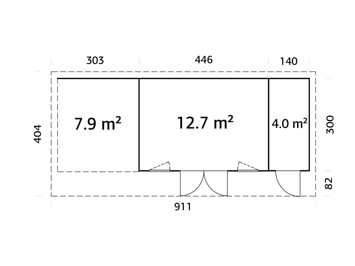 Aurelia XL+ (8,9x3 m | 16,7 + 7,9 m² | 44 mm) Tasakattoinen hirsimökki katoksella ja sivuvajalla