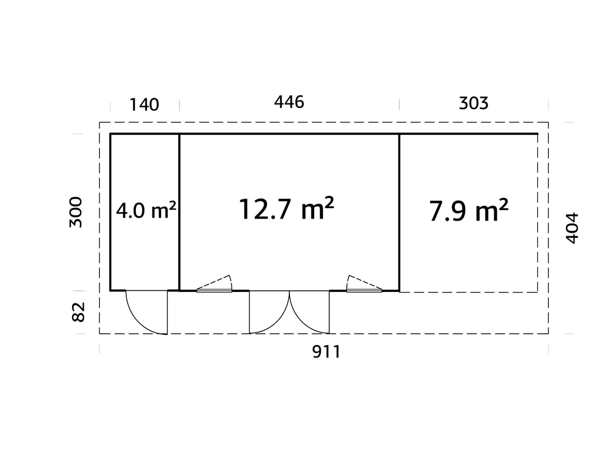 Aurelia XL+ (8,9x3 m | 16,7 + 7,9 m² | 44 mm) Tasakattoinen hirsimökki katoksella ja sivuvajalla