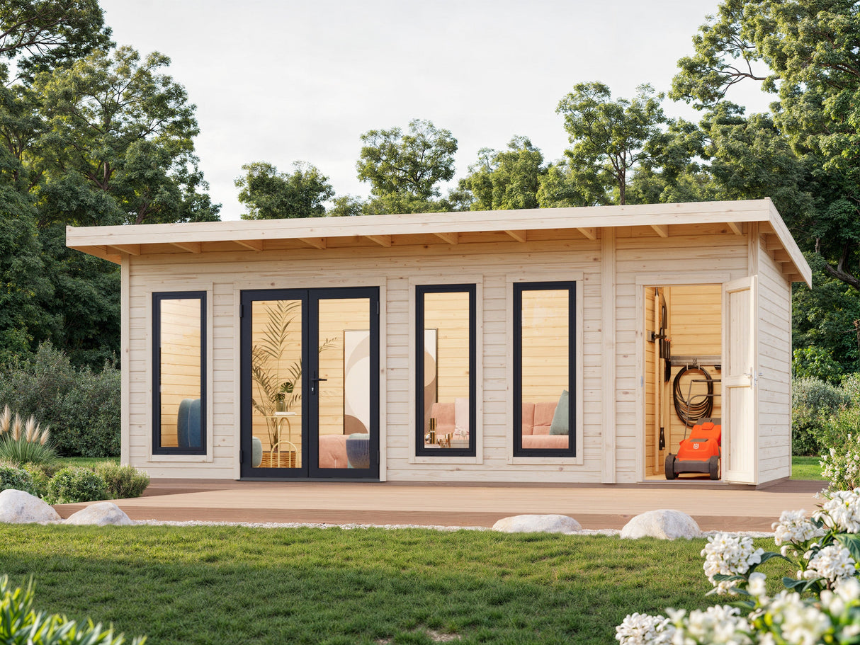Aurelia XXL (6,7x3m | 19,2m² | 44mm) Pent Roof Garden Room with Side Shed