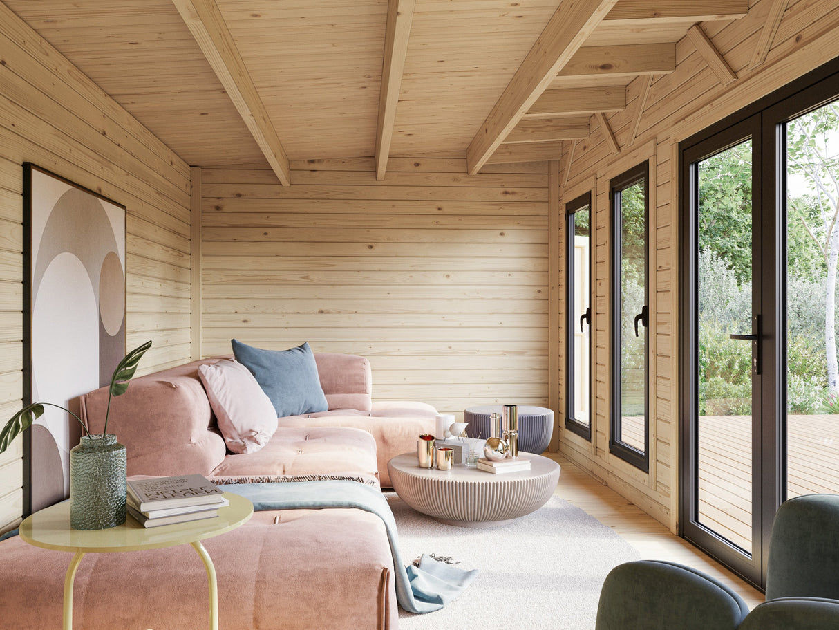 Aurelia XXL (6,7x3m | 19,2m² | 44mm) Pent Roof Garden Room with Side Shed