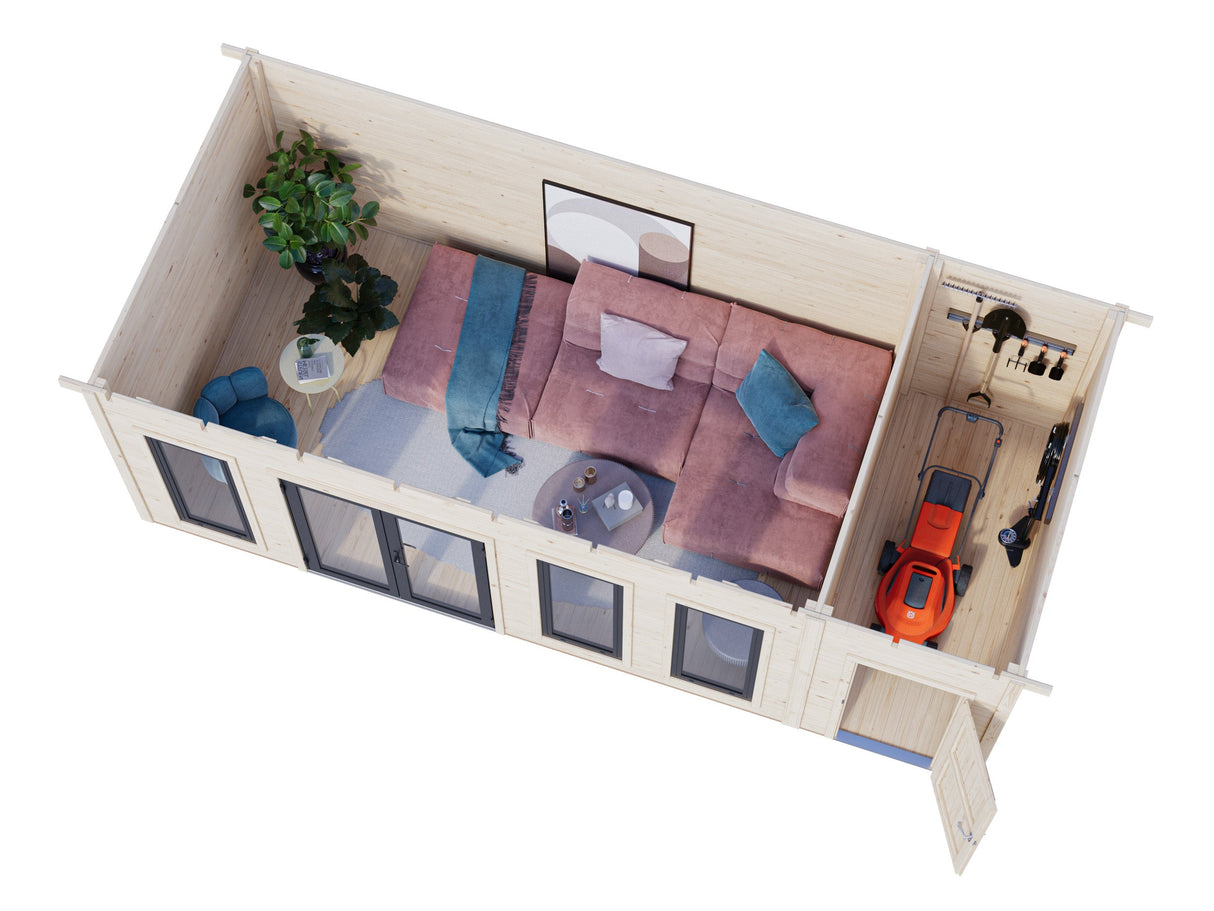 Aurelia XXL (6,7x3m | 19,2m² | 44mm) Pent Roof Garden Room with Side Shed