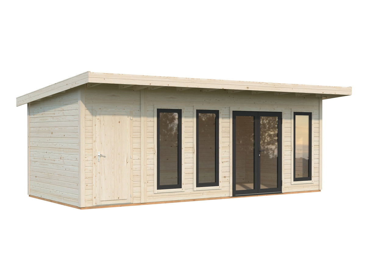 Aurelia XXL (6,7x3m | 19,2m² | 44mm) Pent Roof Garden Room with Side Shed