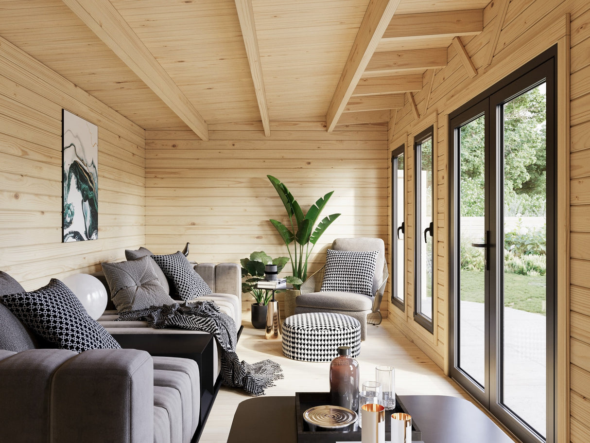 Aurelia XXL+ (9,7x3 m | 19,2 + 7,9 m² | 44 mm) Pulpettikattoinen pihahuone katoksella ja sivuvajalla